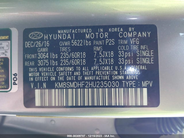 2017 HYUNDAI SANTA FE SE VIN: KM8SMDHF2HU235030