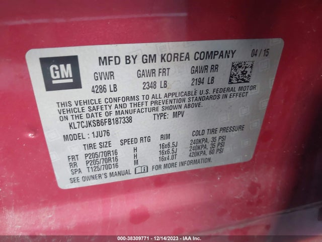 Chevrolet Trax 1ls 2015 KL7CJKSB6FB187338 Image 9