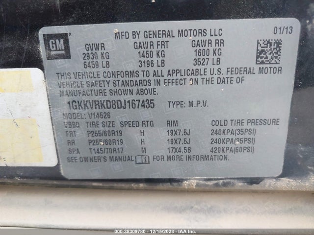 Aukcja sprzedaży 2013 Gmc Acadia Slt-1, vin: 1GKKVRKD8DJ167435, numer aukcji: 38309780