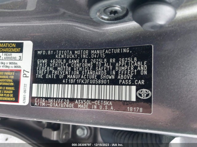 2015 TOYOTA CAMRY SE VIN: 4T1BF1FK3FU058901