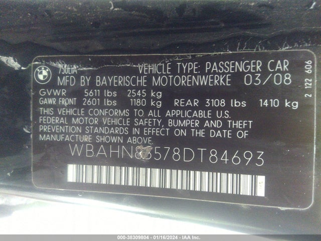 2008 BMW 750 LI VIN: WBAHN83578DT8469