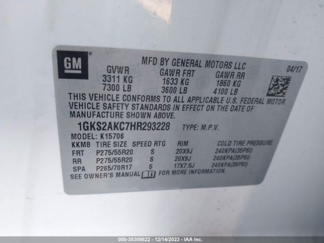 1GKS2AKC7HR293228 GMC YUKON SLE