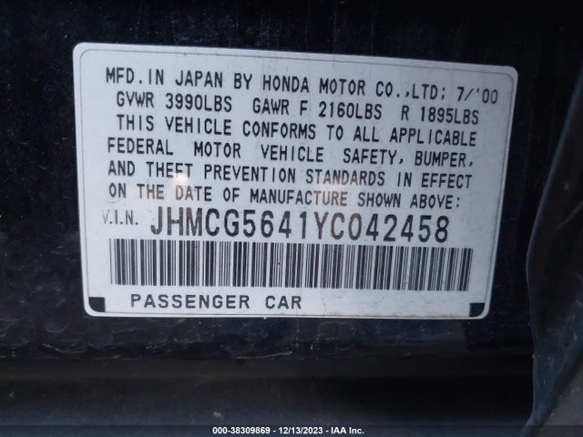 2000 HONDA ACCORD 2.3 LX VIN: JHMCG5641YC042458