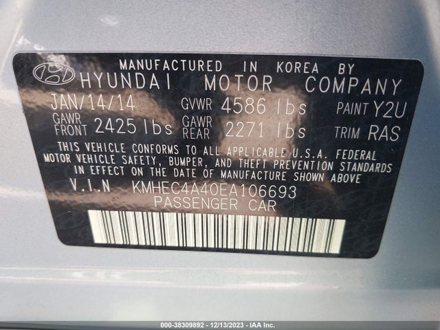 Hyundai Sonata Hybrid Limited 2014 KMHEC4A40EA106693 Image 9