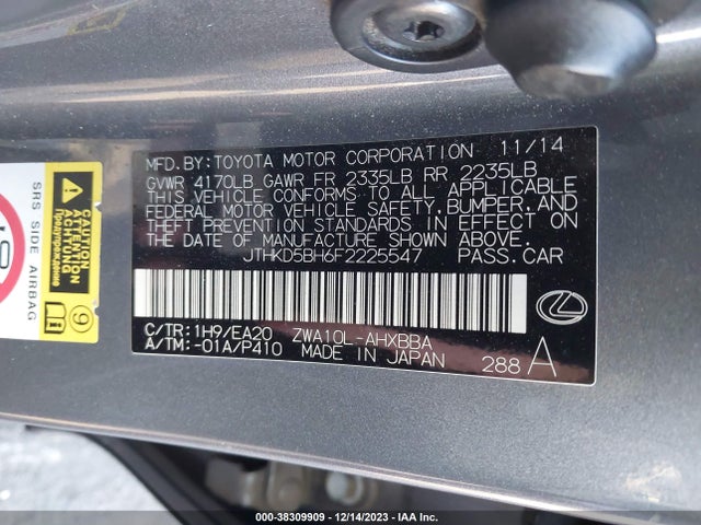 2015 LEXUS CT 200H VIN: JTHKD5BH6F2225547