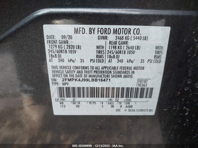 2020 FORD EDGE SEL VIN: 2FMPK4J99LBB16471