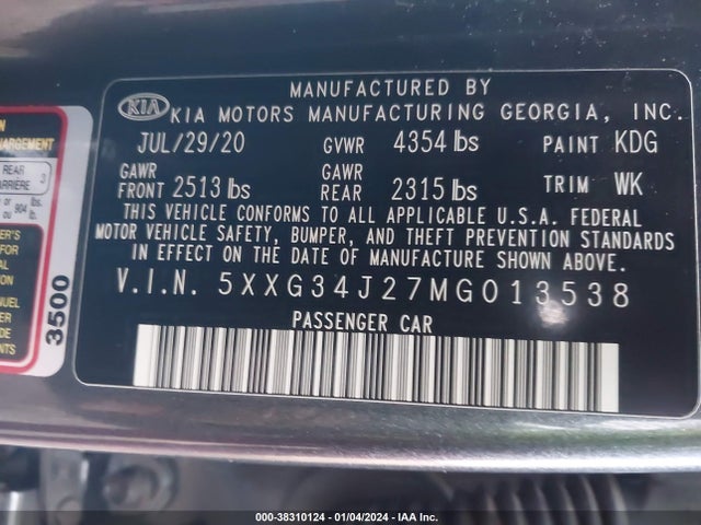 KIA K5 EX 2021 5XXG34J27MG013538 Image 9