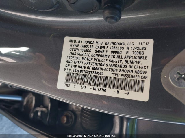 2012 HONDA CIVIC LX VIN: 19XFB2F5XCE388529