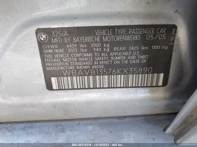 2006 BMW 325I VIN: WBAVB13576KX35890