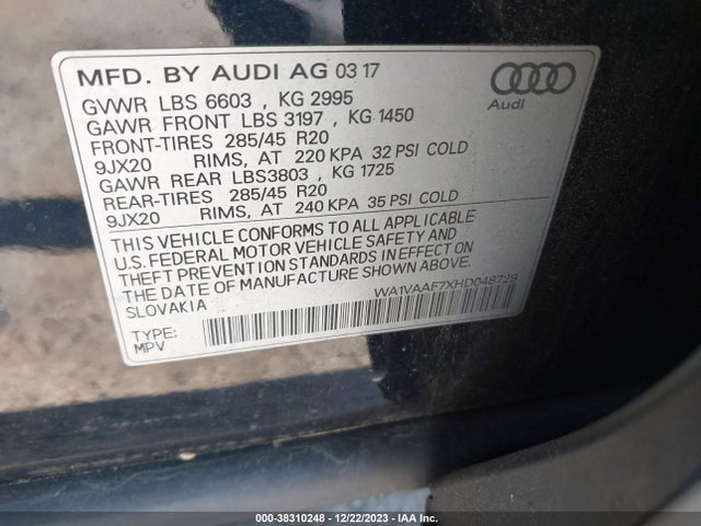 WA1VAAF7XHD048729 Audi Q7 3.0t Premium