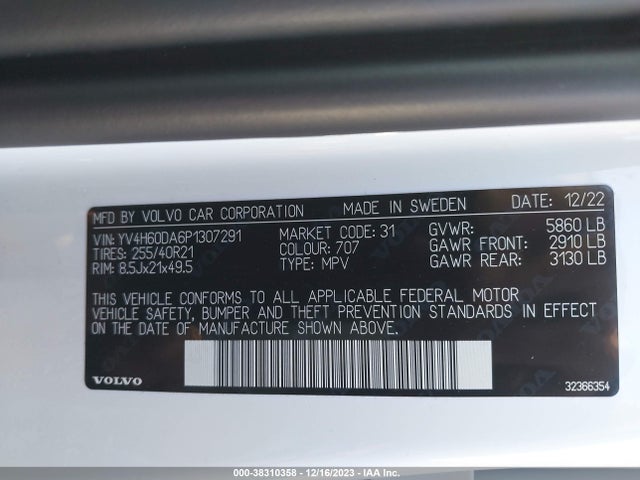YV4H60DA6P1307291 Volvo Xc60 Recharge Plug-in Hybrid T8 Ultimate Bright Theme