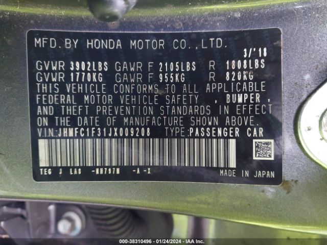 JHMFC1F31JX009208 Honda Civic Ex-t