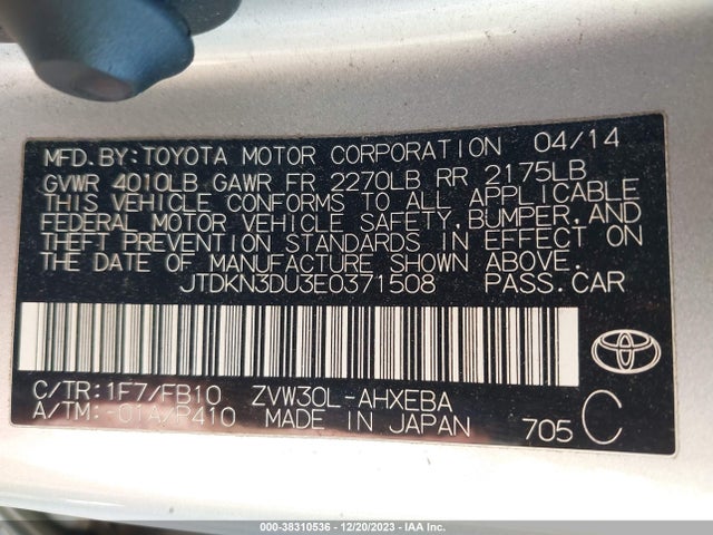 Toyota Prius Three 2014 JTDKN3DU3E0371508 Image 9