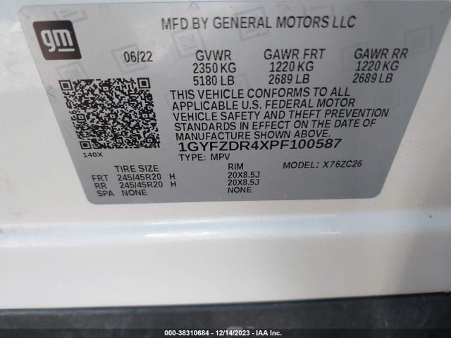 1GYFZDR4XPF100587 Cadillac Xt4 Awd Premium Luxury