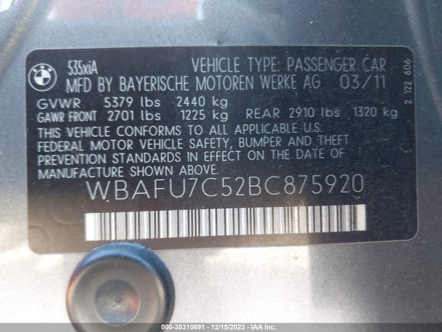 2011 BMW 535I XDRIVE VIN: WBAFU7C52BC875920