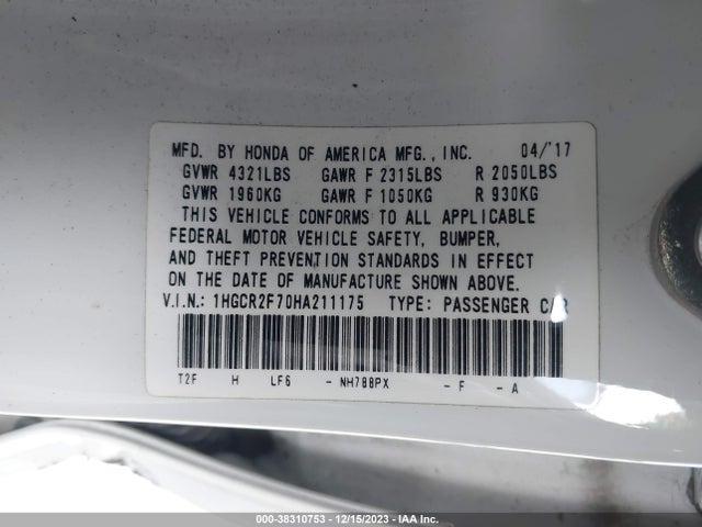 Honda ACCORD EX 2017 1HGCR2F70HA211175 Image 9