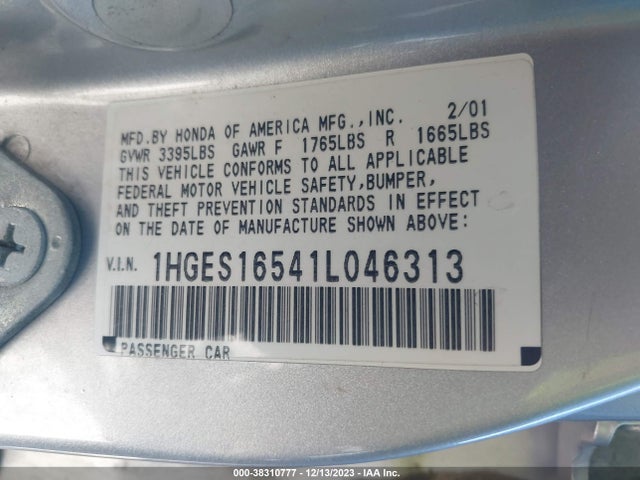 2001 HONDA CIVIC LX VIN: 1HGES16541L046313
