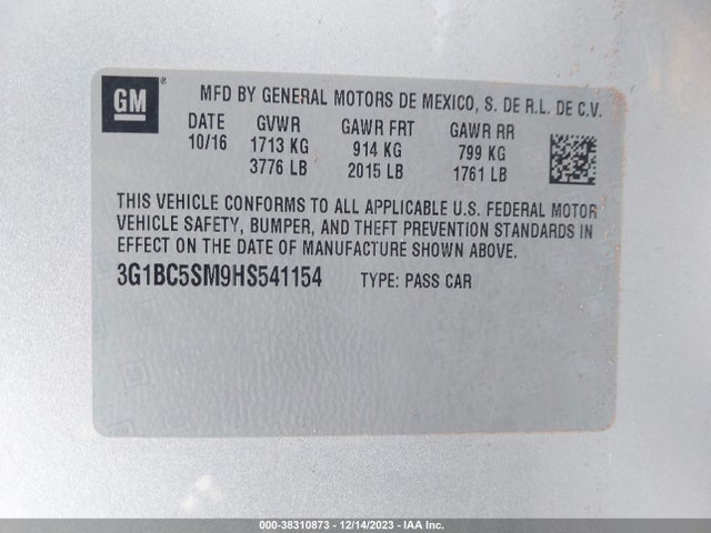 2017 CHEVROLET CRUZE LS AUTO VIN: 3G1BC5SM9HS541154