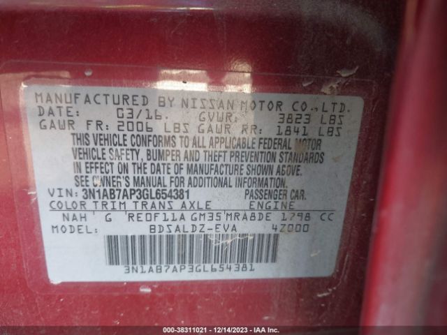 3N1AB7AP3GL654381 Nissan SENTRA SV