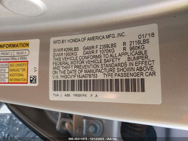 Honda ACCORD LX 2018 1HGCV1F16JA078753 Image 9