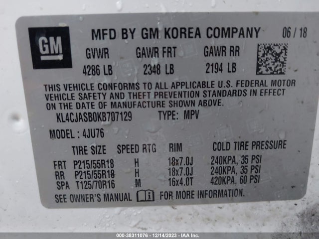 2019 BUICK ENCORE FWD PREFERRED VIN: KL4CJASB0KB707129