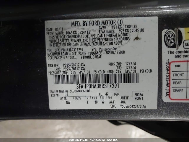 2011 FORD FUSION SE VIN: 3FAHP0HA3BR317291