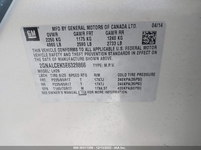 2014 CHEVROLET EQUINOX 2LT VIN: 2GNALCEK5E6328866