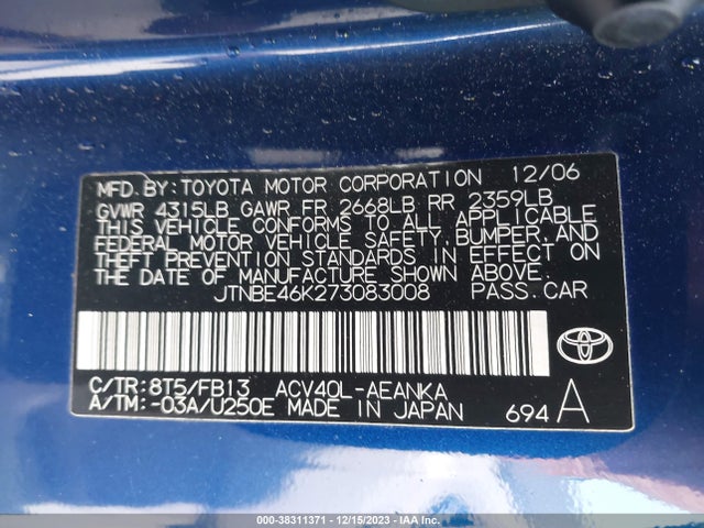 2007 TOYOTA CAMRY LE VIN: JTNBE46K273083008