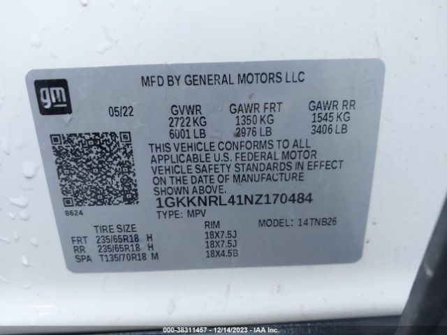 1GKKNRL41NZ170484 GMC Acadia Awd Sle