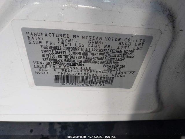 2021 NISSAN KICKS SV XTRONIC CVT VIN: 3N1CP5CV5ML557401