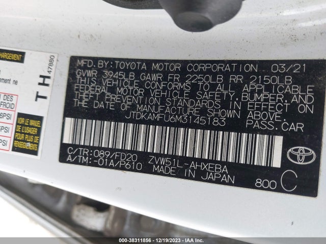 2021 TOYOTA PRIUS LE VIN: JTDKAMFU6M3145183