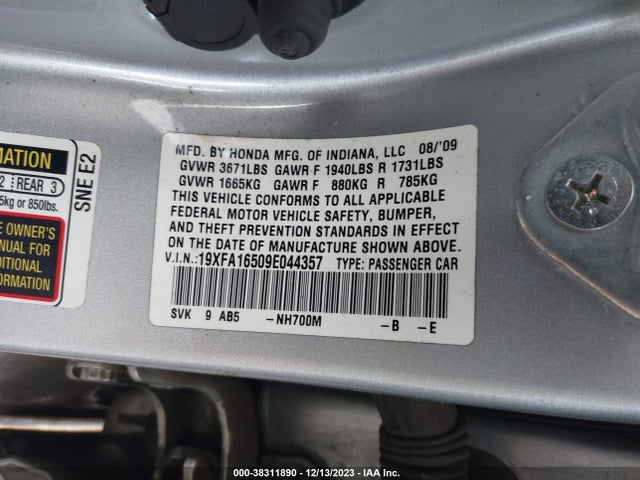 2009 HONDA CIVIC LX VIN: 19XFA16509E044357