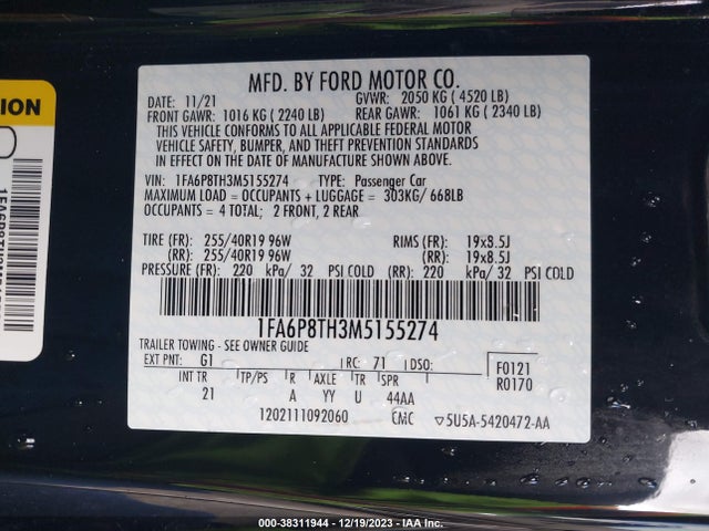 Ford Mustang Ecoboost Fastback 2021 1FA6P8TH3M5155274 Image 9