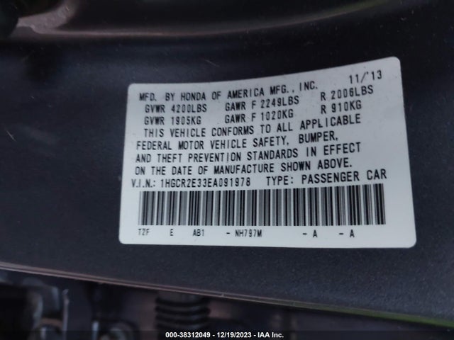 Honda ACCORD LX 2014 1HGCR2E33EA091978 Image 9