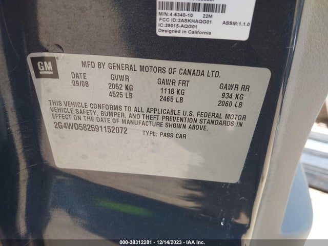 2009 BUICK LACROSSE CXL VIN: 2G4WD582691152072