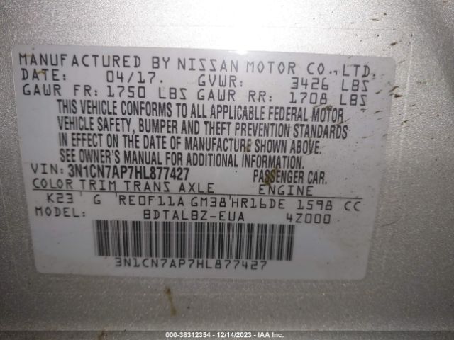 3N1CN7AP7HL877427 Nissan Versa 1.6 Sv