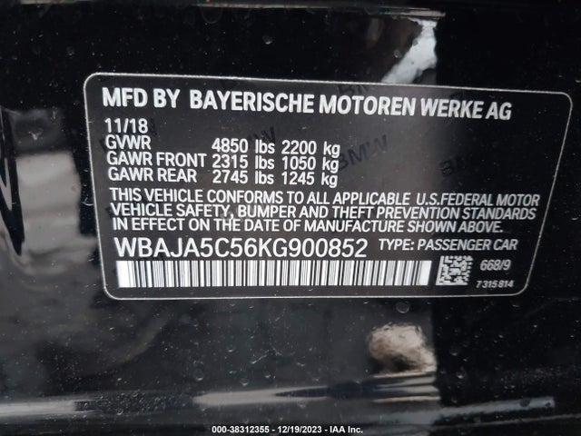 BMW 530I 2019 WBAJA5C56KG900852 Image 9