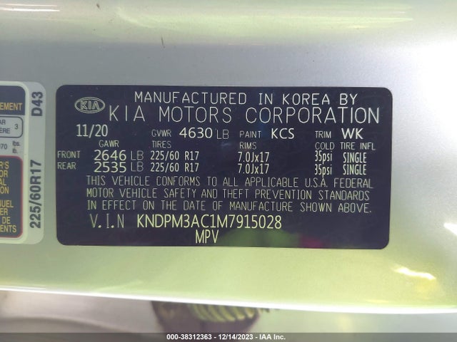 2021 KIA SPORTAGE LX VIN: KNDPM3AC1M7915028