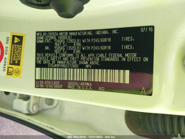 Toyota Highlander Xle V6 2016 5TDJKRFH9GS312860 Image 9