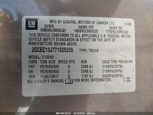 2007 CHEVROLET SILVERADO 1500 LT1 VIN: 2GCEC13J771525255