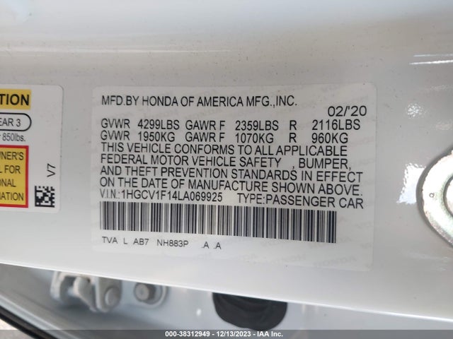 Honda ACCORD LX 2020 1HGCV1F14LA069925 Image 9