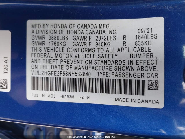 Honda Civic Sport 2022 2HGFE2F58NH532840 Image 9