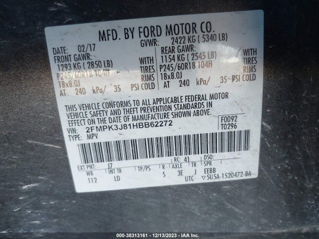 Ford EDGE SEL 2017 2FMPK3J81HBB62272 Image 9
