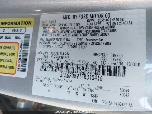 2015 FORD FUSION TITANIUM VIN: 3FA6P0K91FR310416