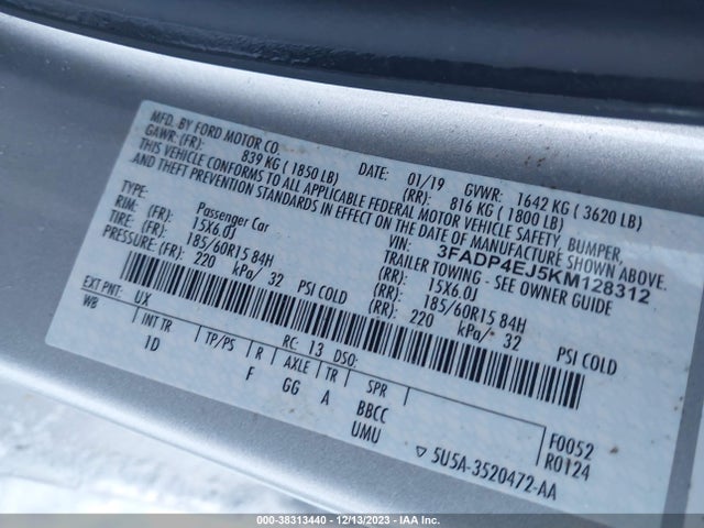 2019 FORD FIESTA SE VIN: 3FADP4EJ5KM128312