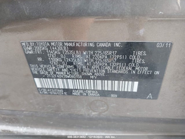 2011 TOYOTA RAV4 VIN: 2T3ZF4DV2BW080158