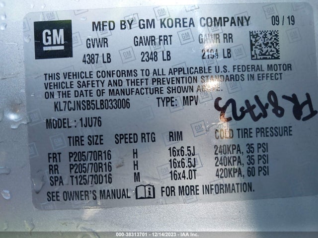 Chevrolet Trax Awd Ls 2020 KL7CJNSB5LB033006 Image 9