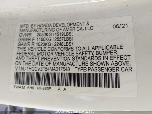 1HGCV3F54MA017548 Honda Accord Hybrid Ex-l