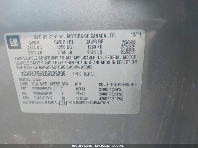 2012 GMC TERRAIN SLE-2 VIN: 2GKFLTE52C6233398