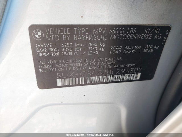 2011 BMW X6 XDRIVE50I VIN: 5UXFG8C52BLZ96302